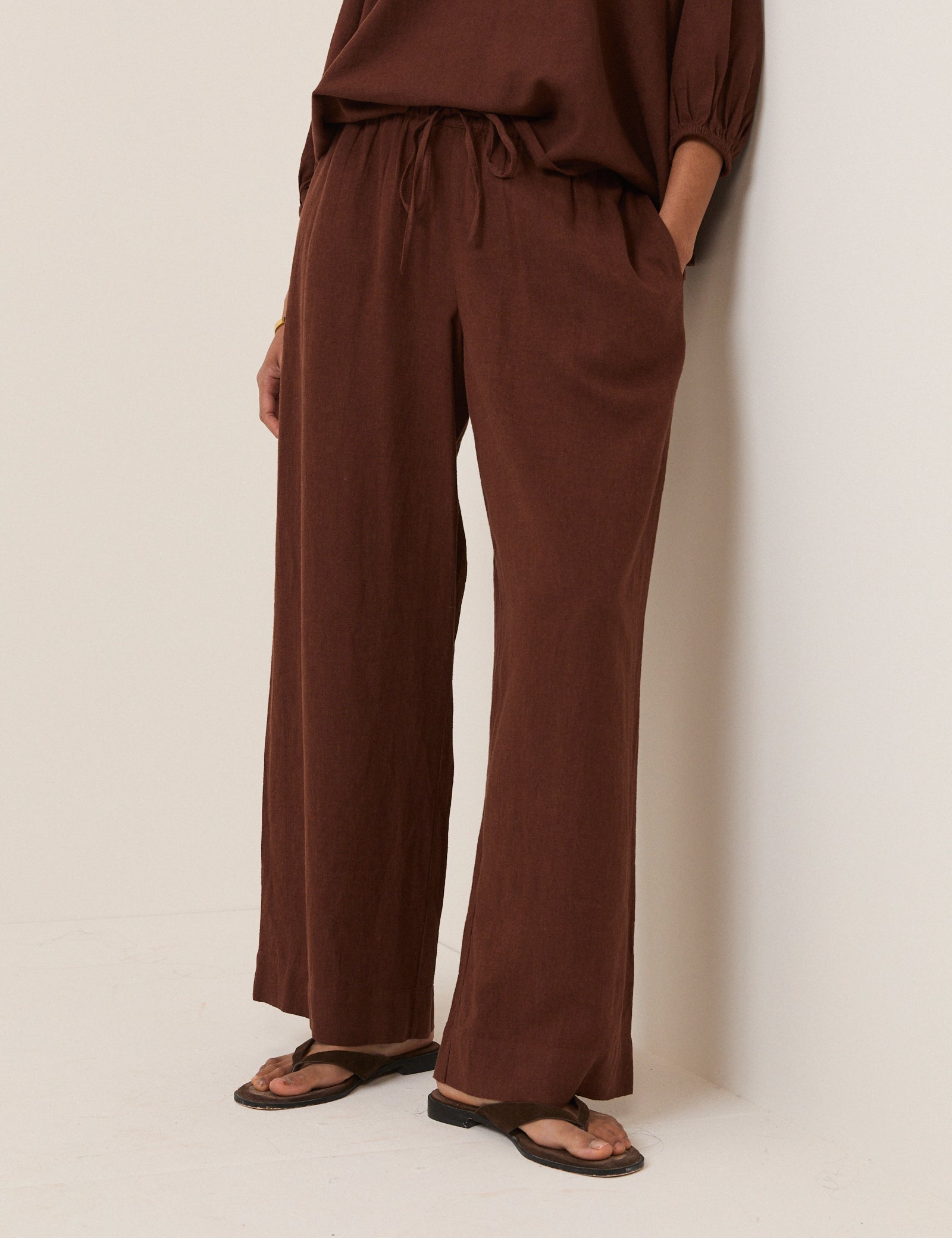 Brown Linen-Blend Straight Leg Trousers
