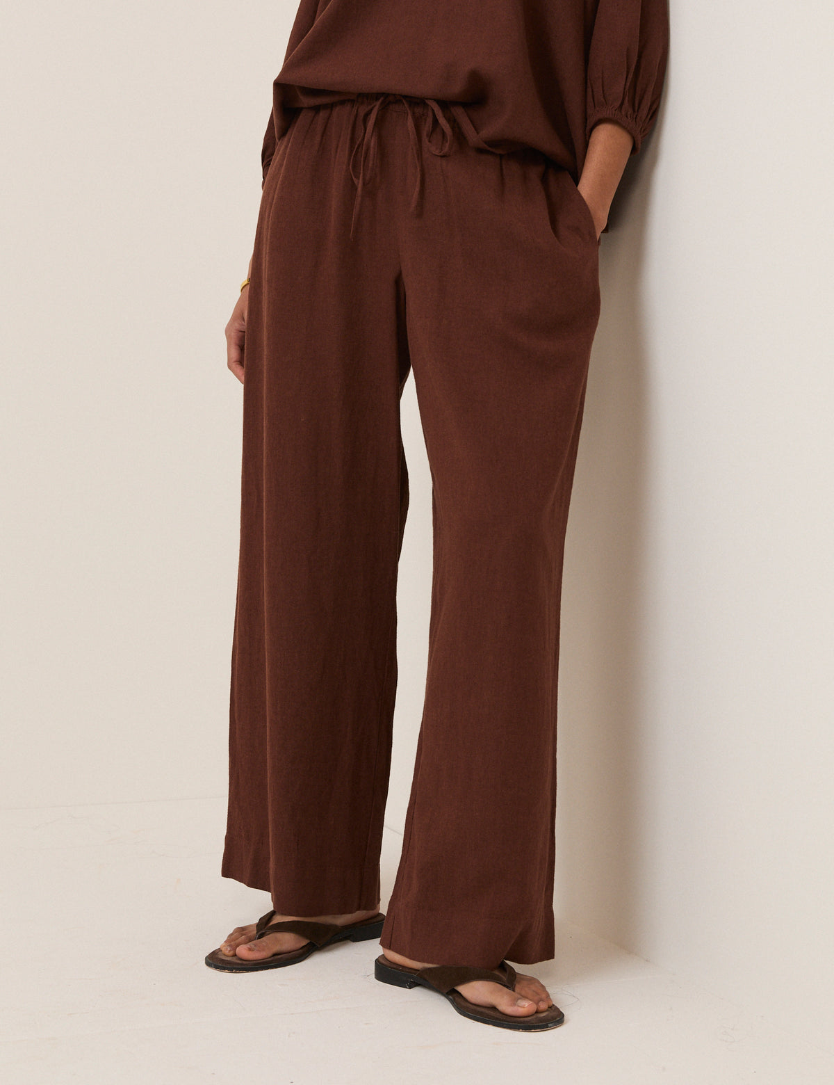 Brown Linen-Blend Low Waisted Straight Leg Trousers