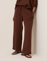 Brown Linen-Blend Straight Leg Trousers