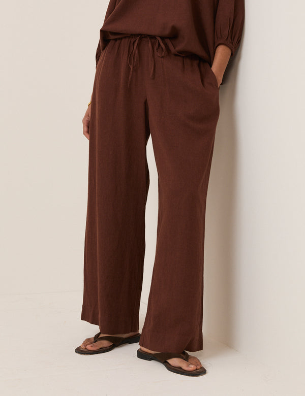 Brown Linen-Blend Straight Leg Trousers
