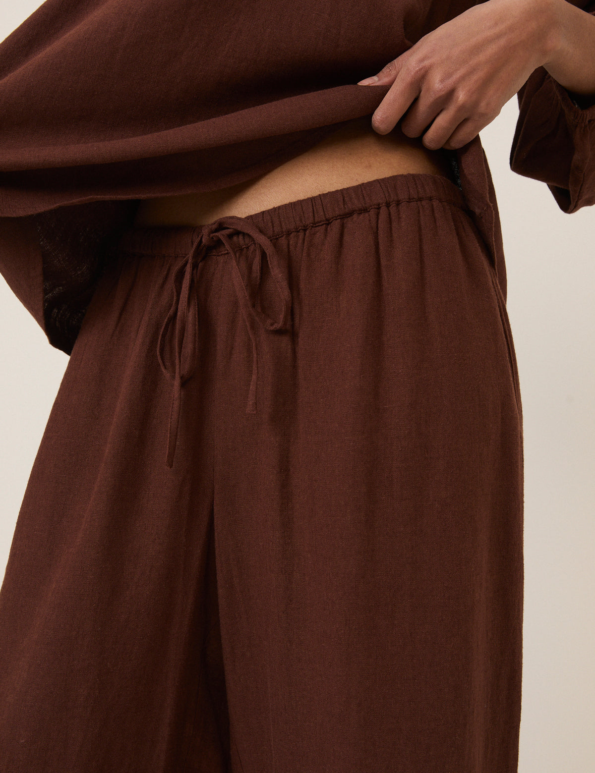 Brown Linen-Blend Low Waisted Straight Leg Trousers