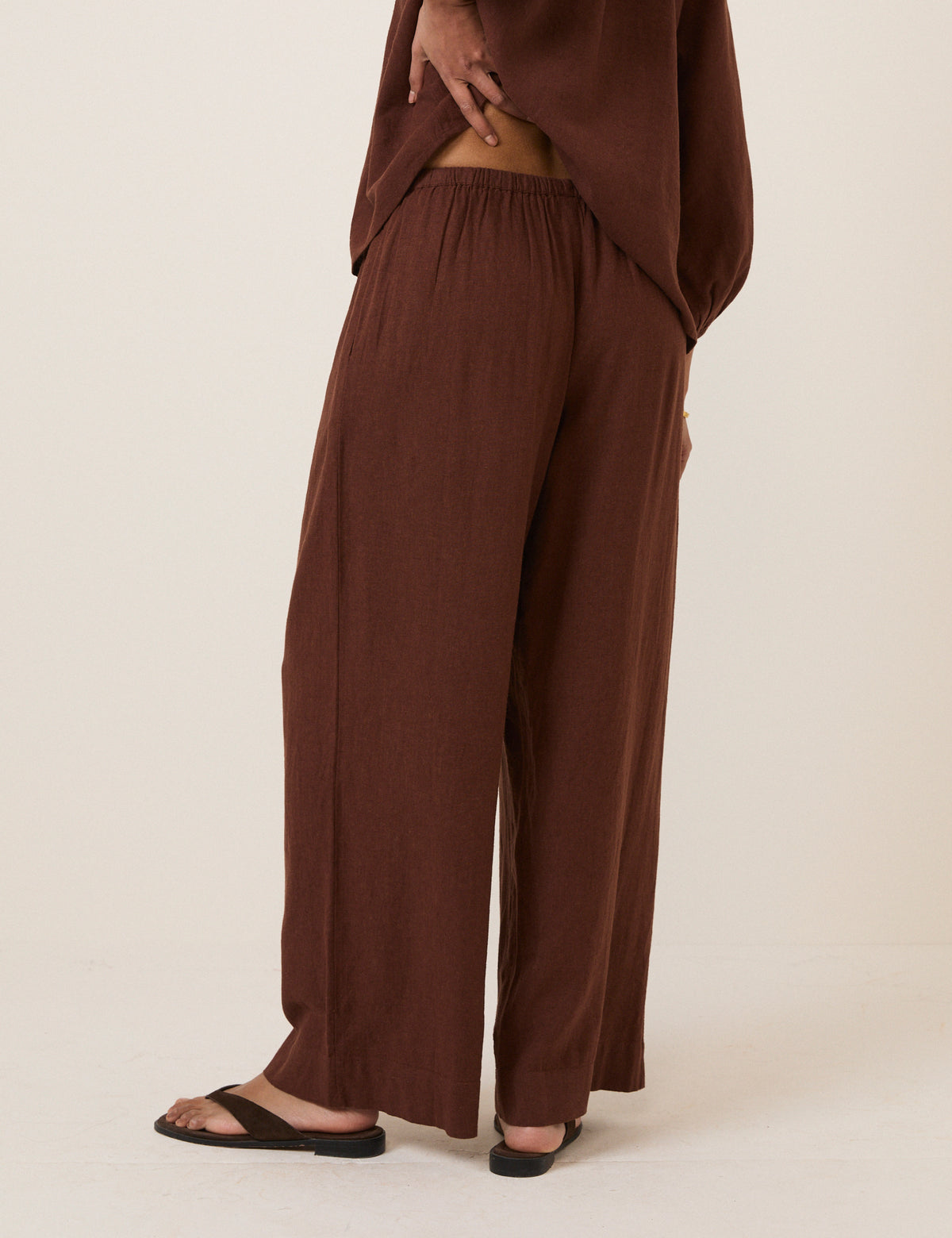 Brown Linen-Blend Low Waisted Straight Leg Trousers
