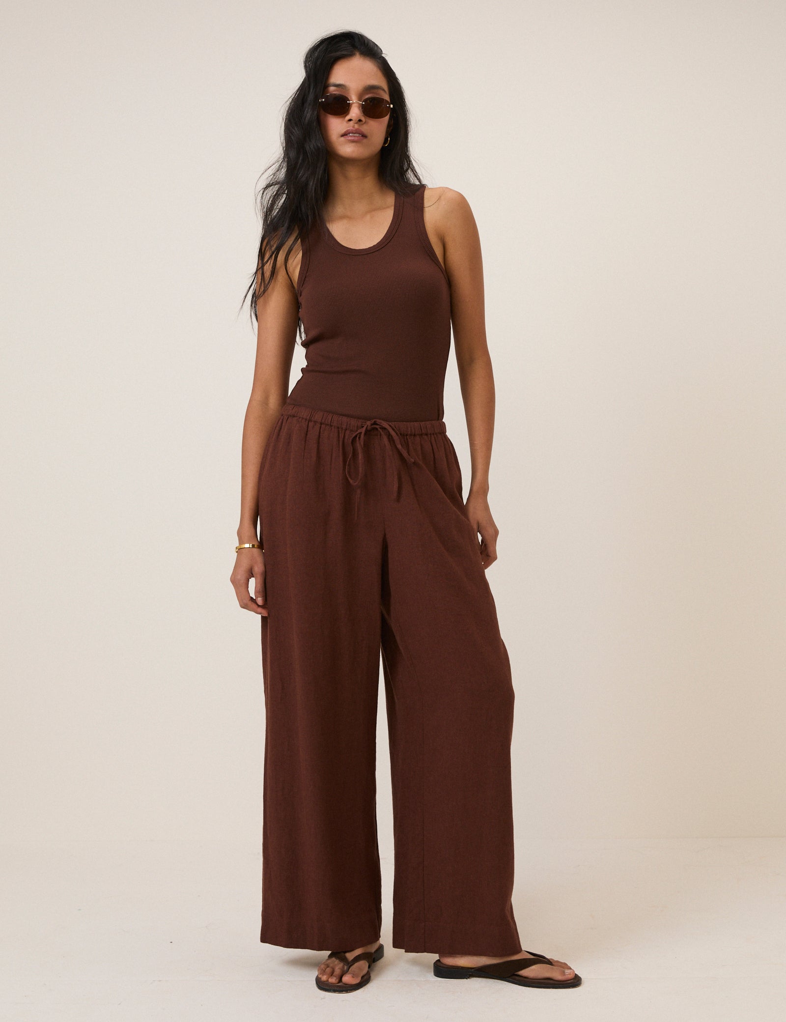 Brown Linen-Blend Straight Leg Trousers