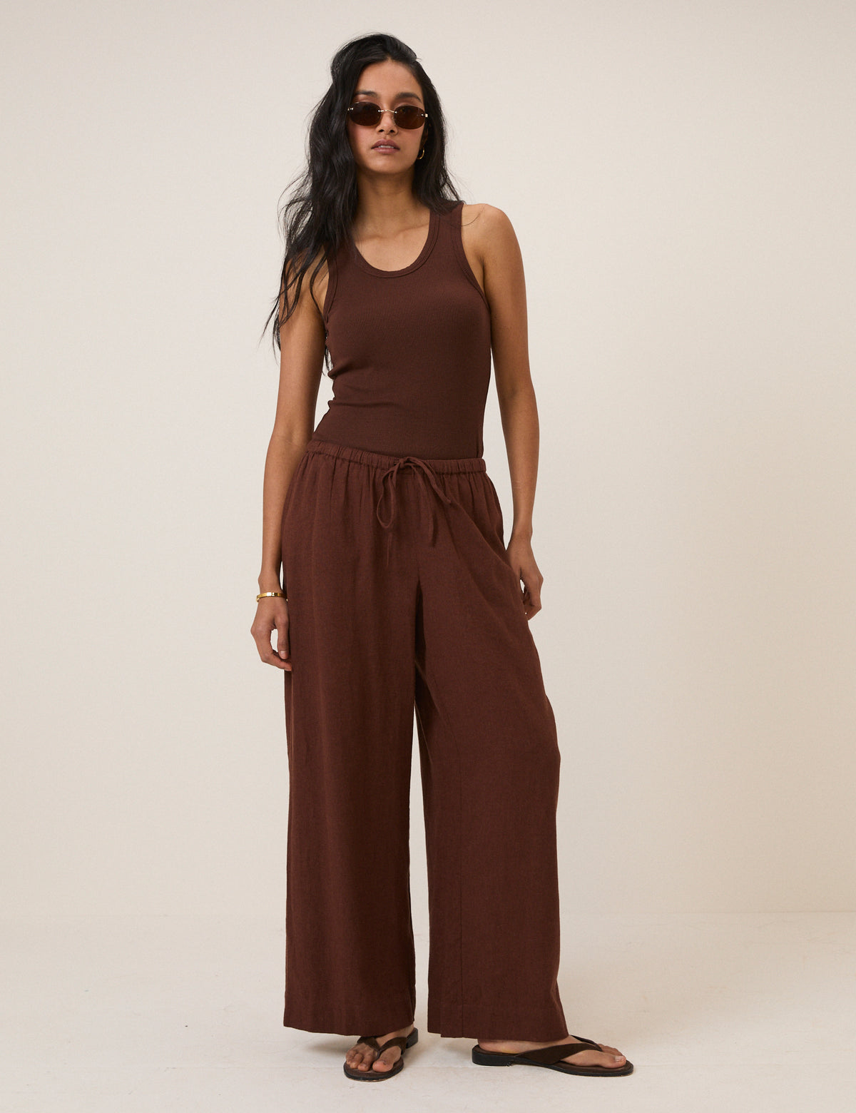Brown Linen-Blend Low Waisted Straight Leg Trousers