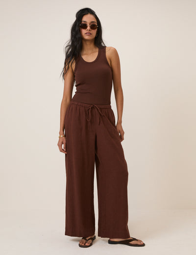 Brown Linen-Blend Low Waisted Straight Leg Trousers