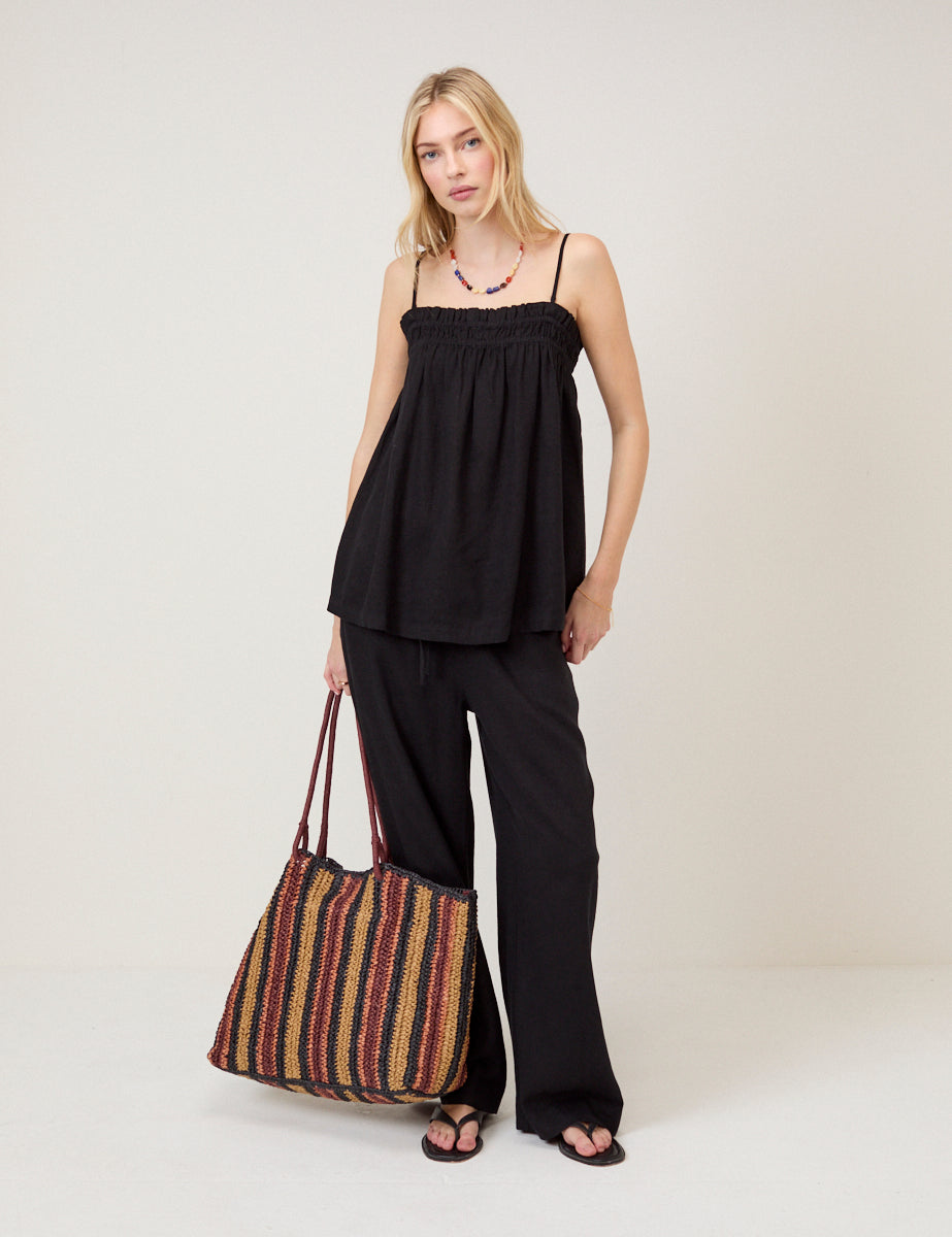 Black Linen-Blend Straight Leg Trousers