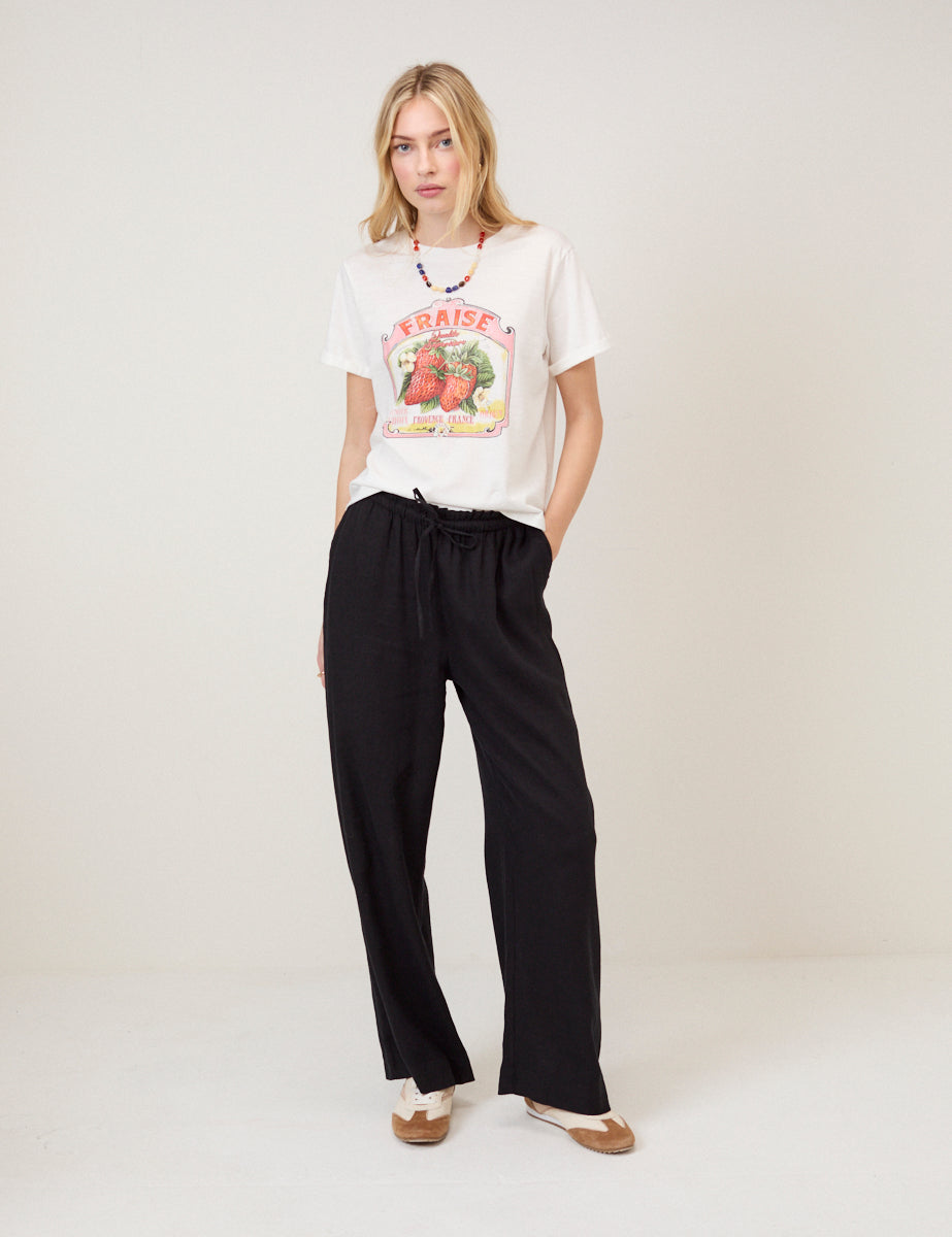 Black Linen-Blend Straight Leg Trousers