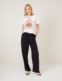 Black Linen-Blend Straight Leg Trousers