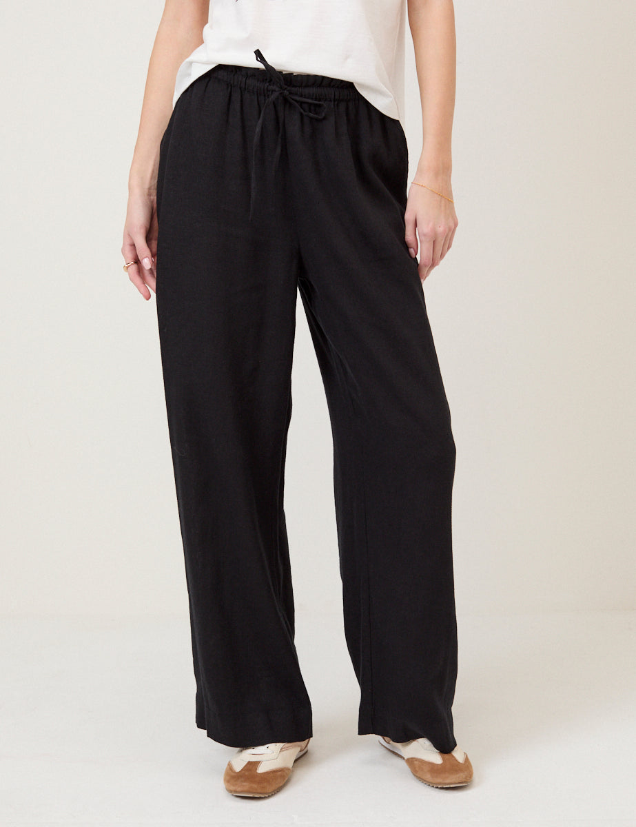 Black Linen-Blend Straight Leg Trousers