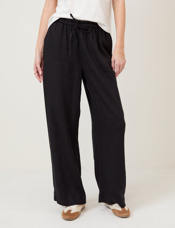 Black Linen-Blend Straight Leg Trousers
