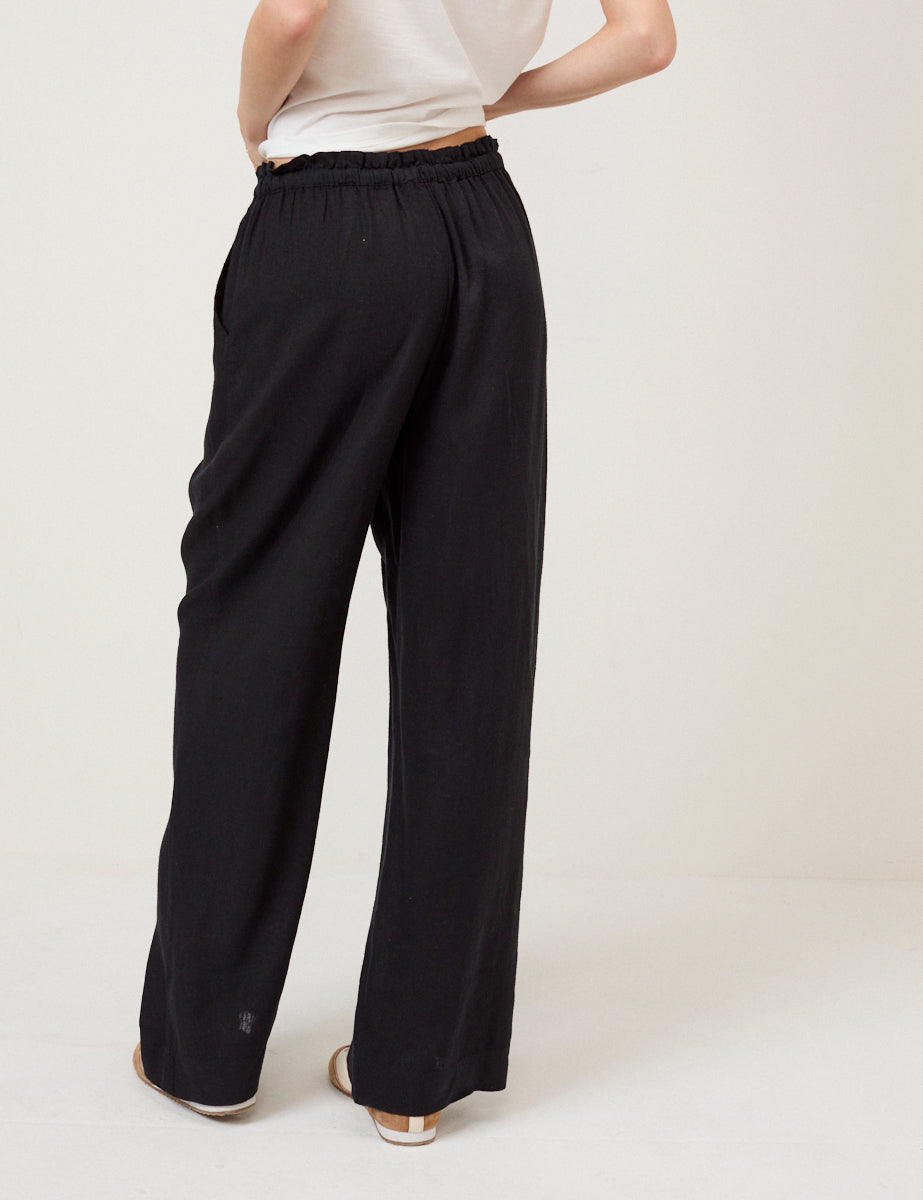 Black Linen-Blend Straight Leg Trousers