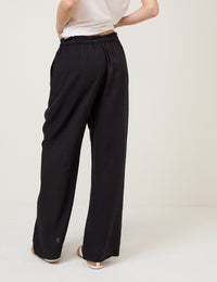 Black Linen-Blend Straight Leg Trousers