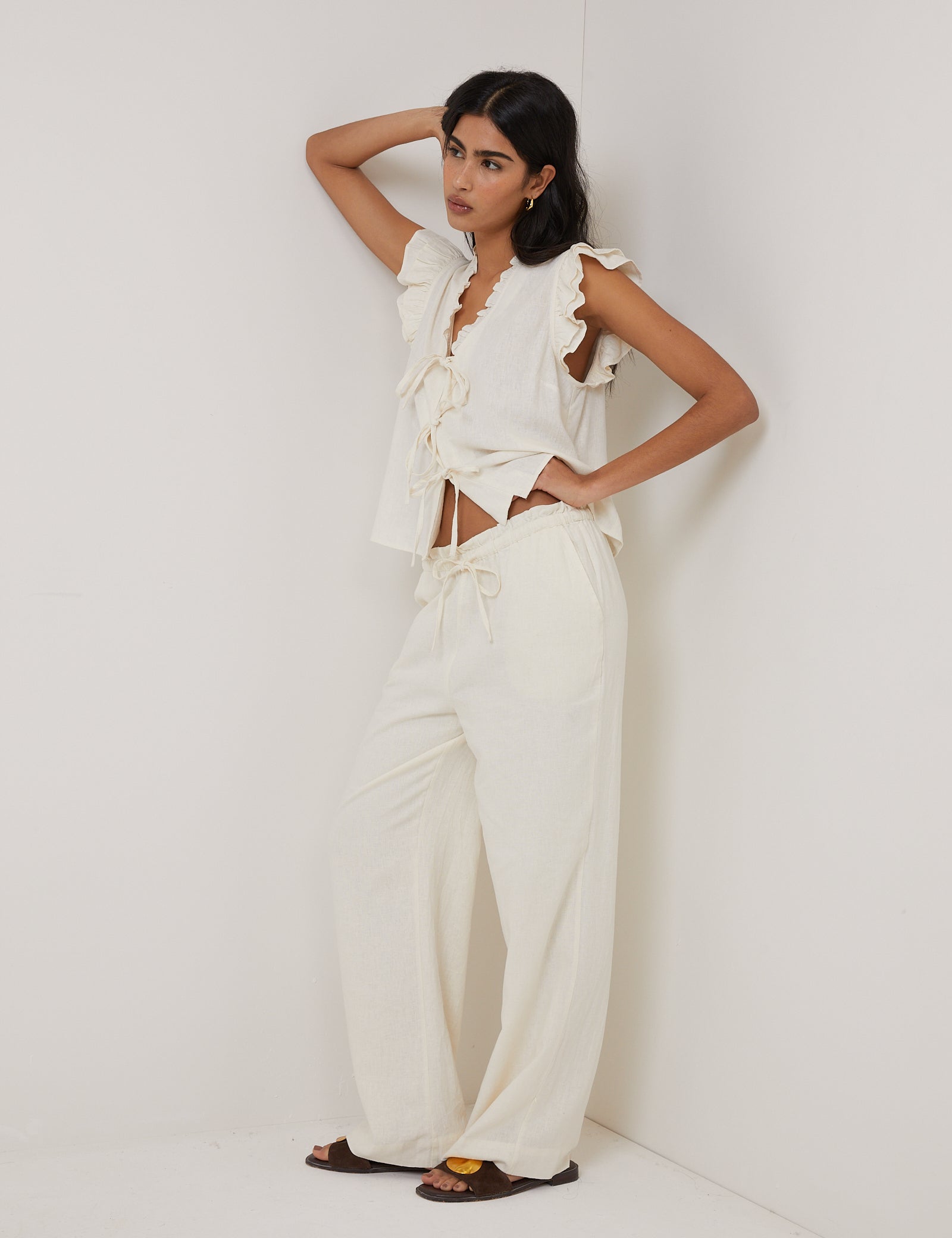 Cream Linen-Blend Straight Leg Trousers