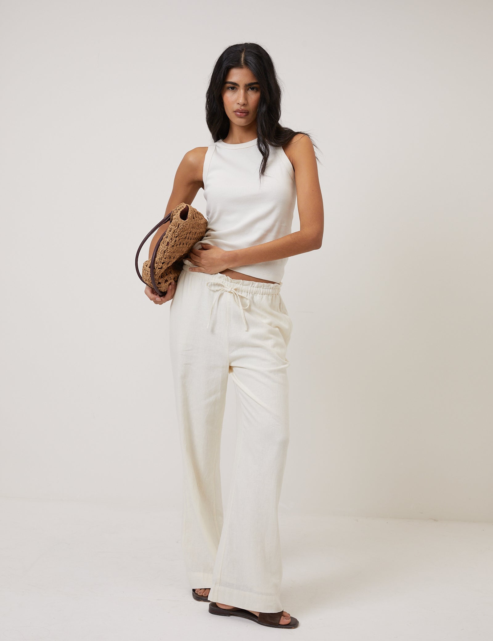 Cream Linen-Blend Straight Leg Trousers