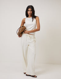 Cream Linen-Blend Straight Leg Trousers
