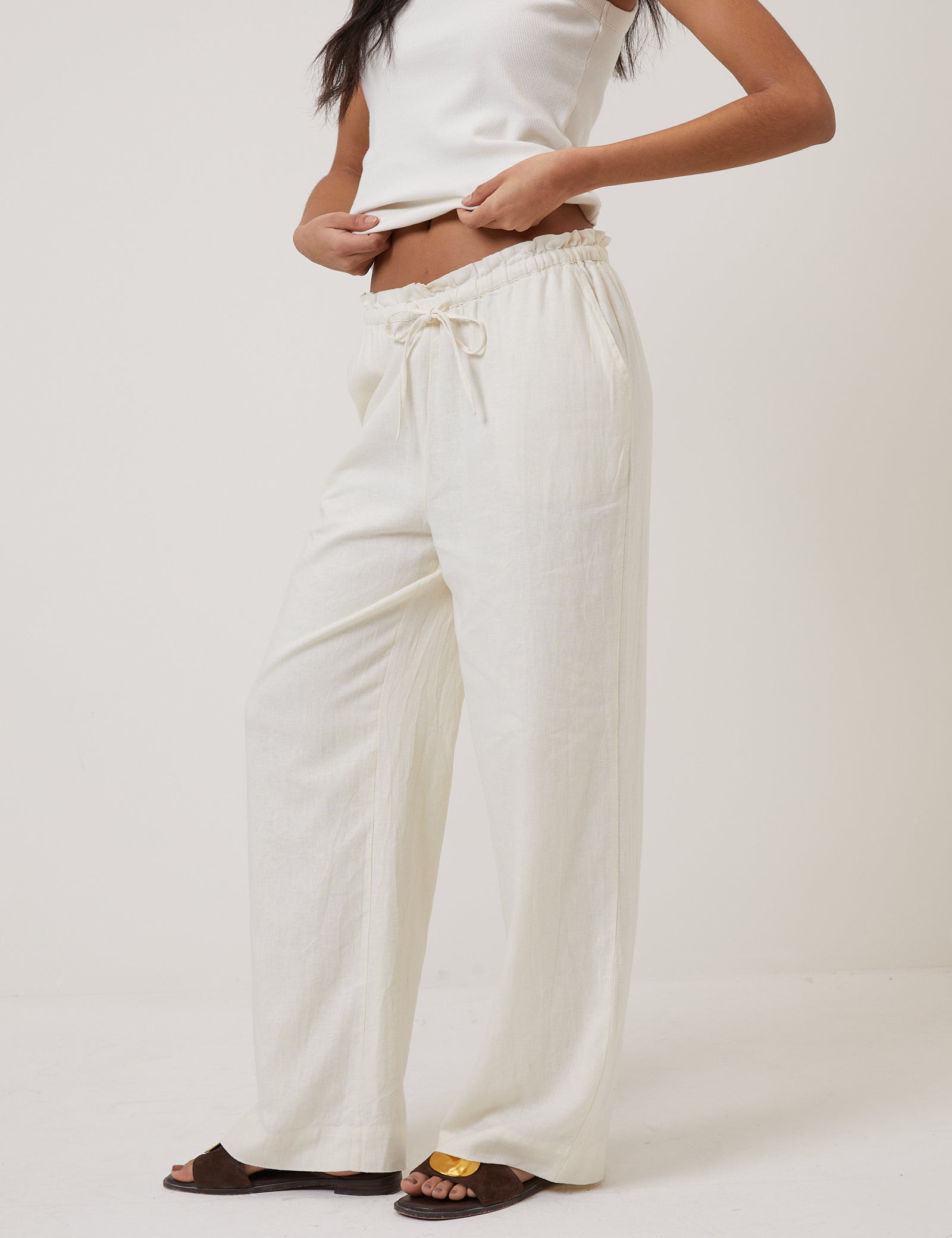 Cream Linen-Blend Straight Leg Trousers