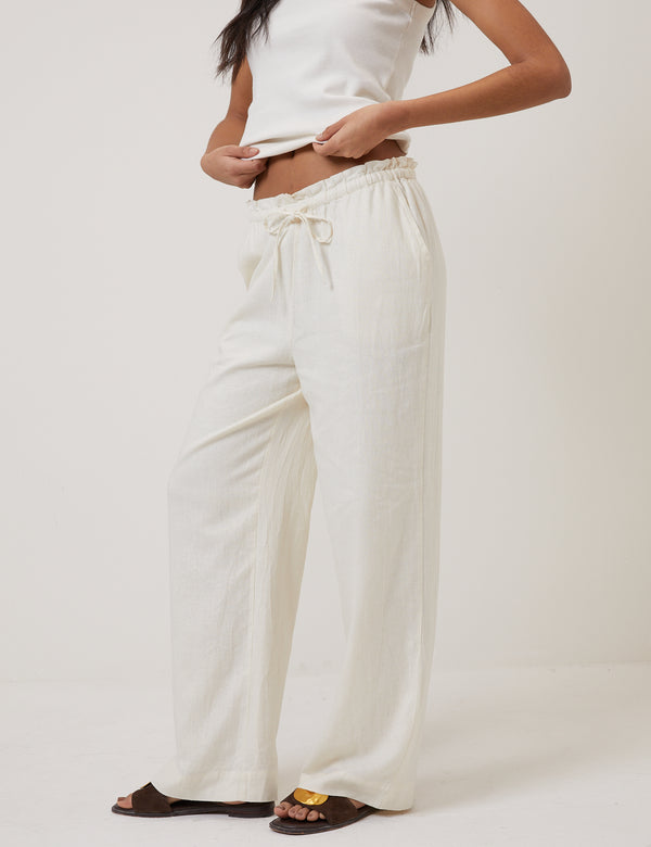 Cream Linen-Blend Straight Leg Trousers