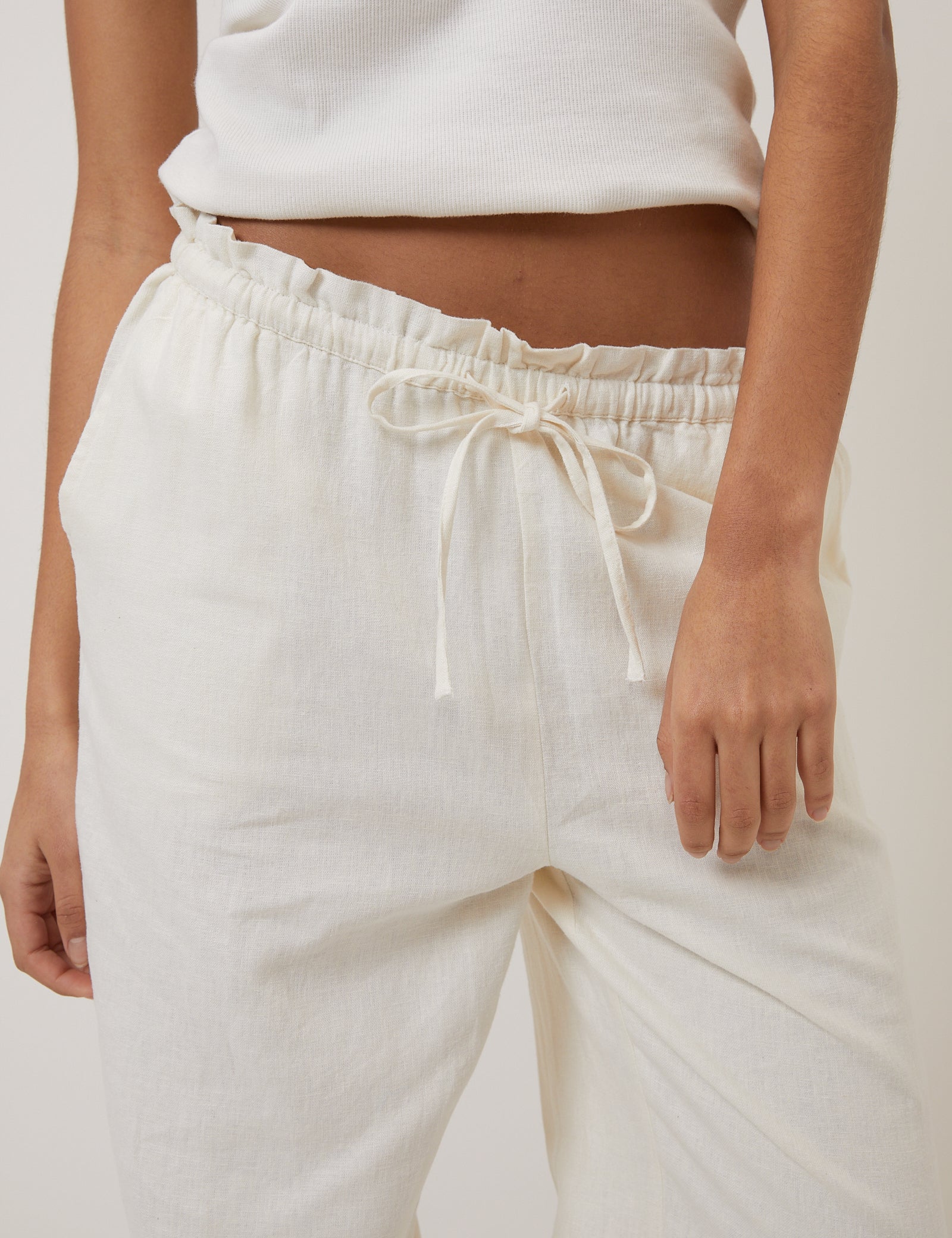 Cream Linen-Blend Straight Leg Trousers