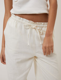 Cream Linen-Blend Straight Leg Trousers
