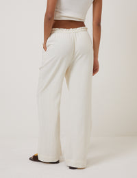 Cream Linen-Blend Straight Leg Trousers