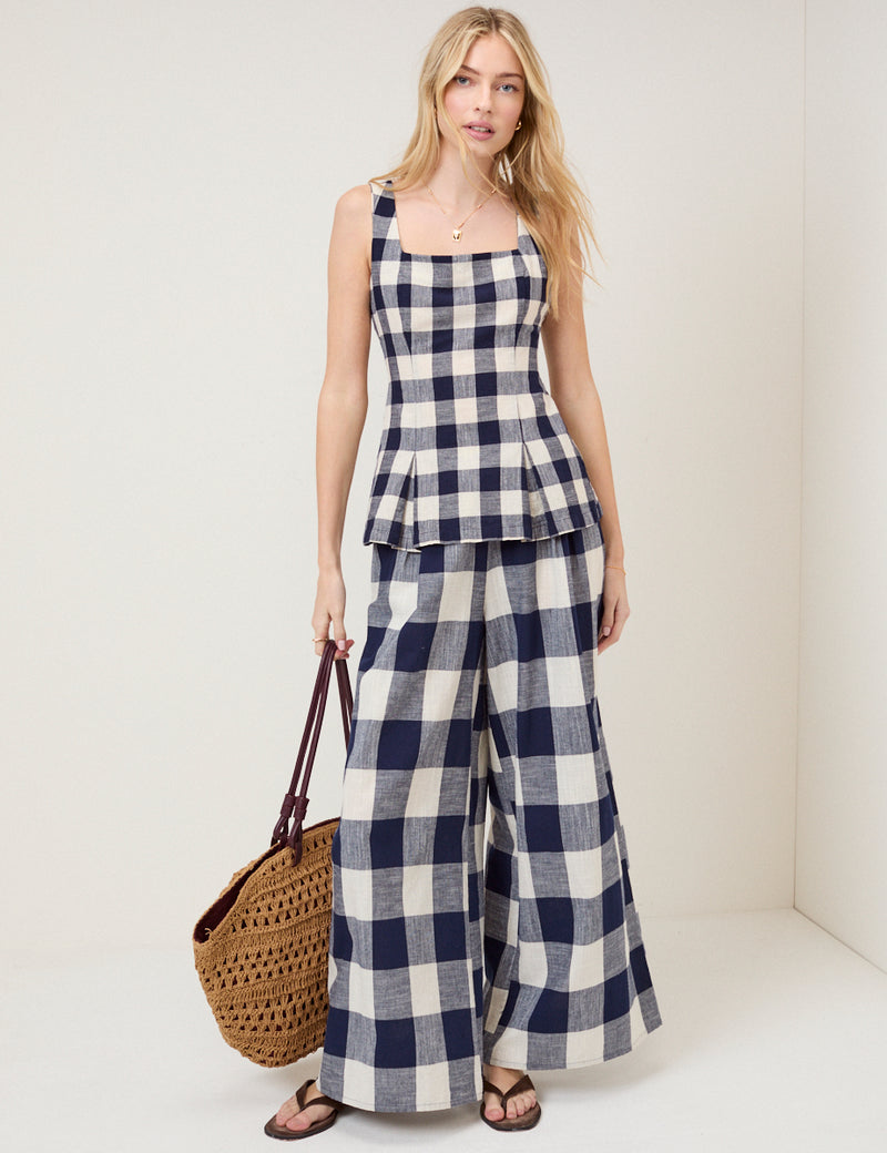 Navy Gingham Top & Trousers Set