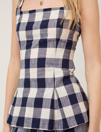 Navy Gingham Square Neck Top