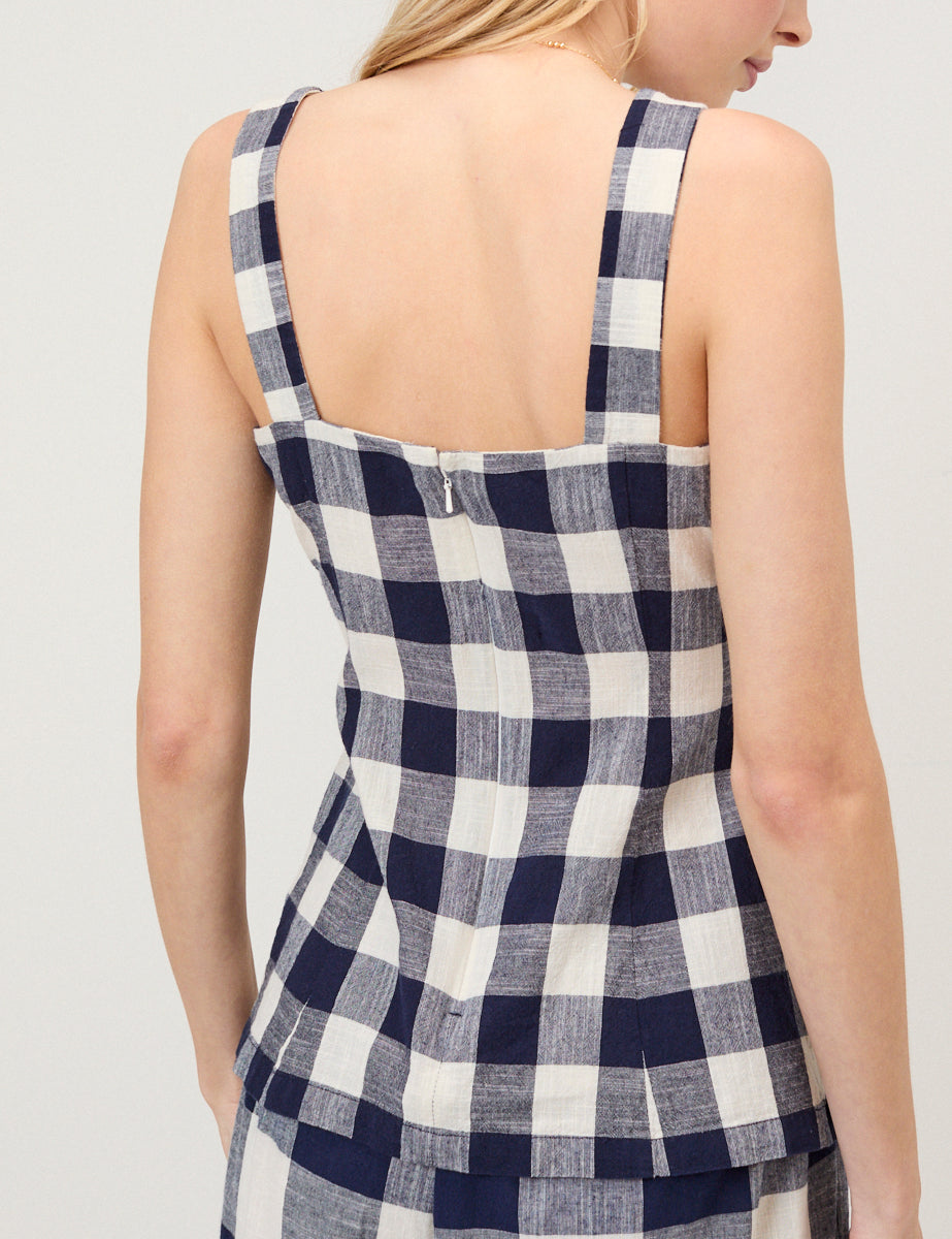 Navy Gingham Square Neck Top