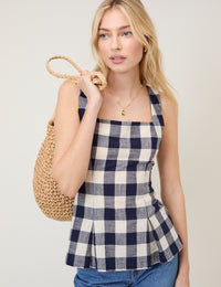 Navy Gingham Square Neck Top