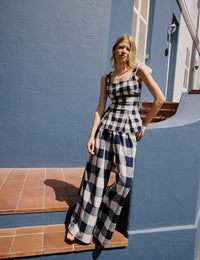 Navy Gingham Square Neck Top