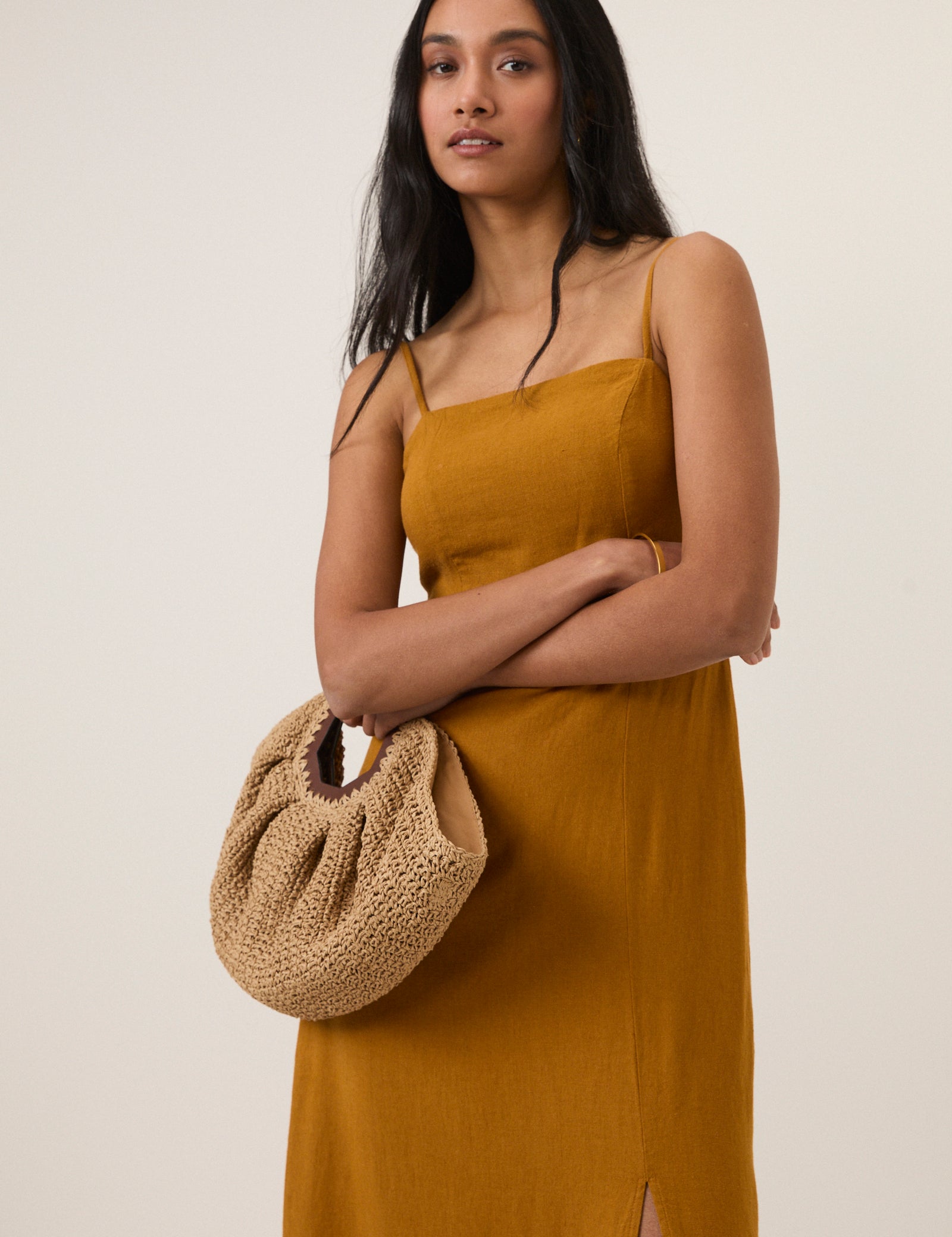 Mustard Yellow Linen-Blend Maddy Midi Dress Mustard Yellow Linen-Blend Maddy Midi Dress