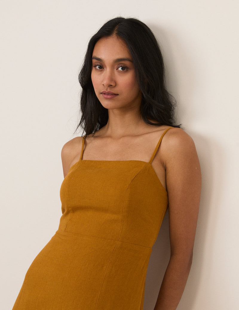 Mustard Yellow Linen-Blend Maddy Midi Dress