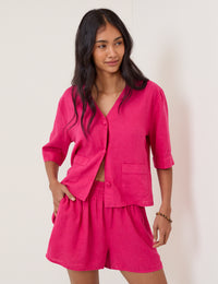 Pink Linen-Blend Elasticated Waist Shorts
