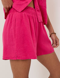 Pink Linen-Blend Elasticated Waist Shorts