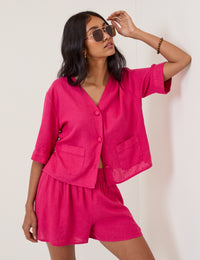 Pink Linen-Blend Elasticated Waist Shorts