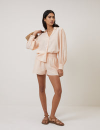 Peach Linen-Blend Elasticated Waist Shorts