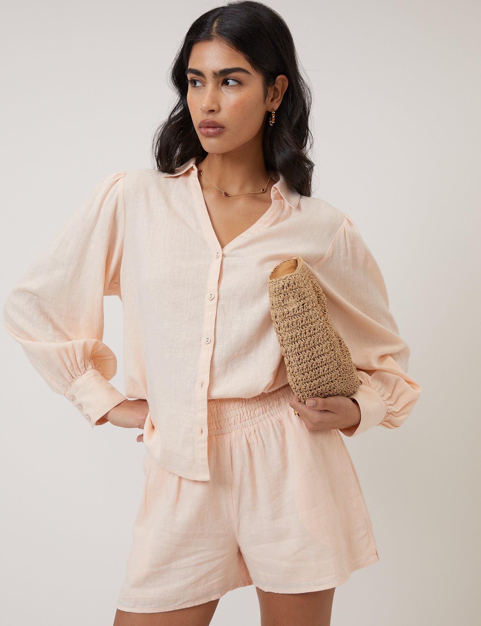 Peach Linen-Blend Elasticated Waist Shorts