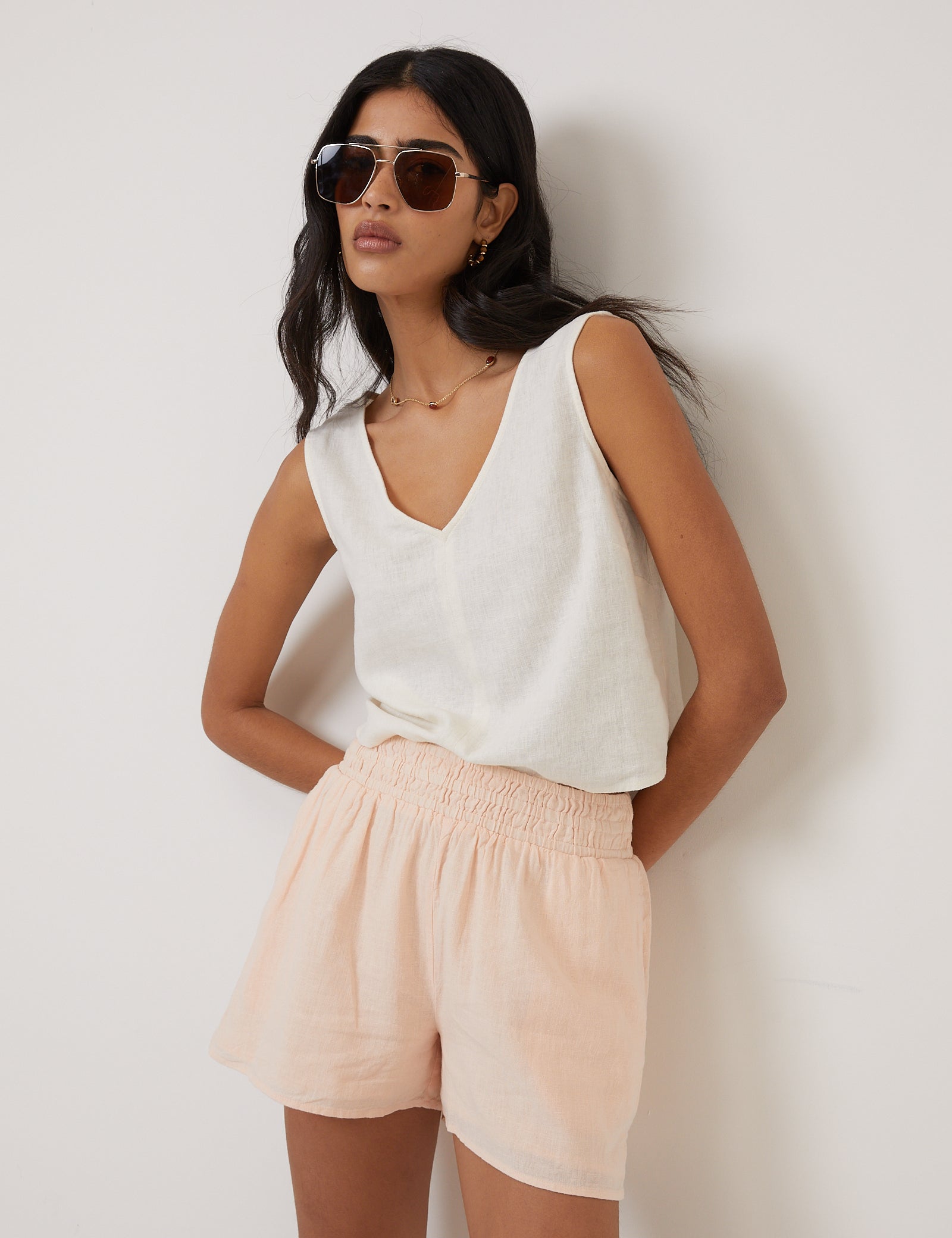 Peach Linen-Blend Elasticated Waist Shorts