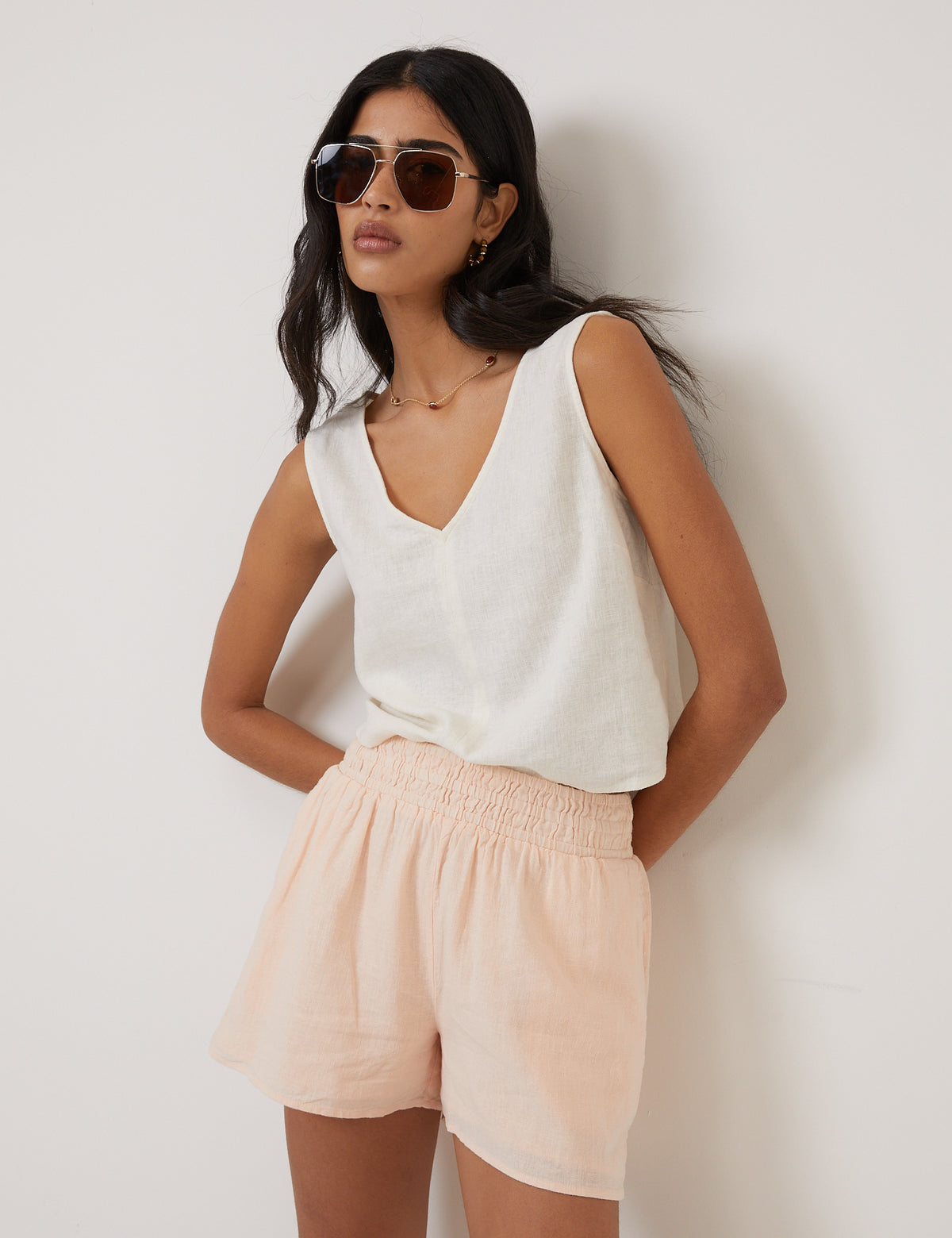 Peach Linen-Blend Elasticated Waist Shorts