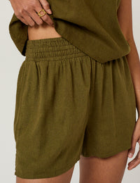 Khaki Green Linen-Blend Shorts