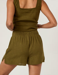 Khaki Green Linen-Blend Shorts