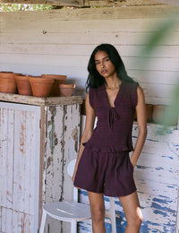 Plum Linen-Blend Elasticated Waist Shorts