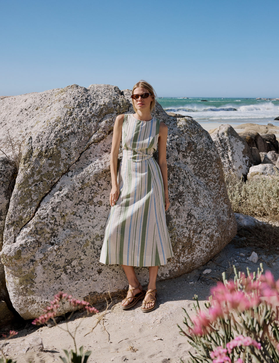 Green & Blue Striped Cedar Midi Dress