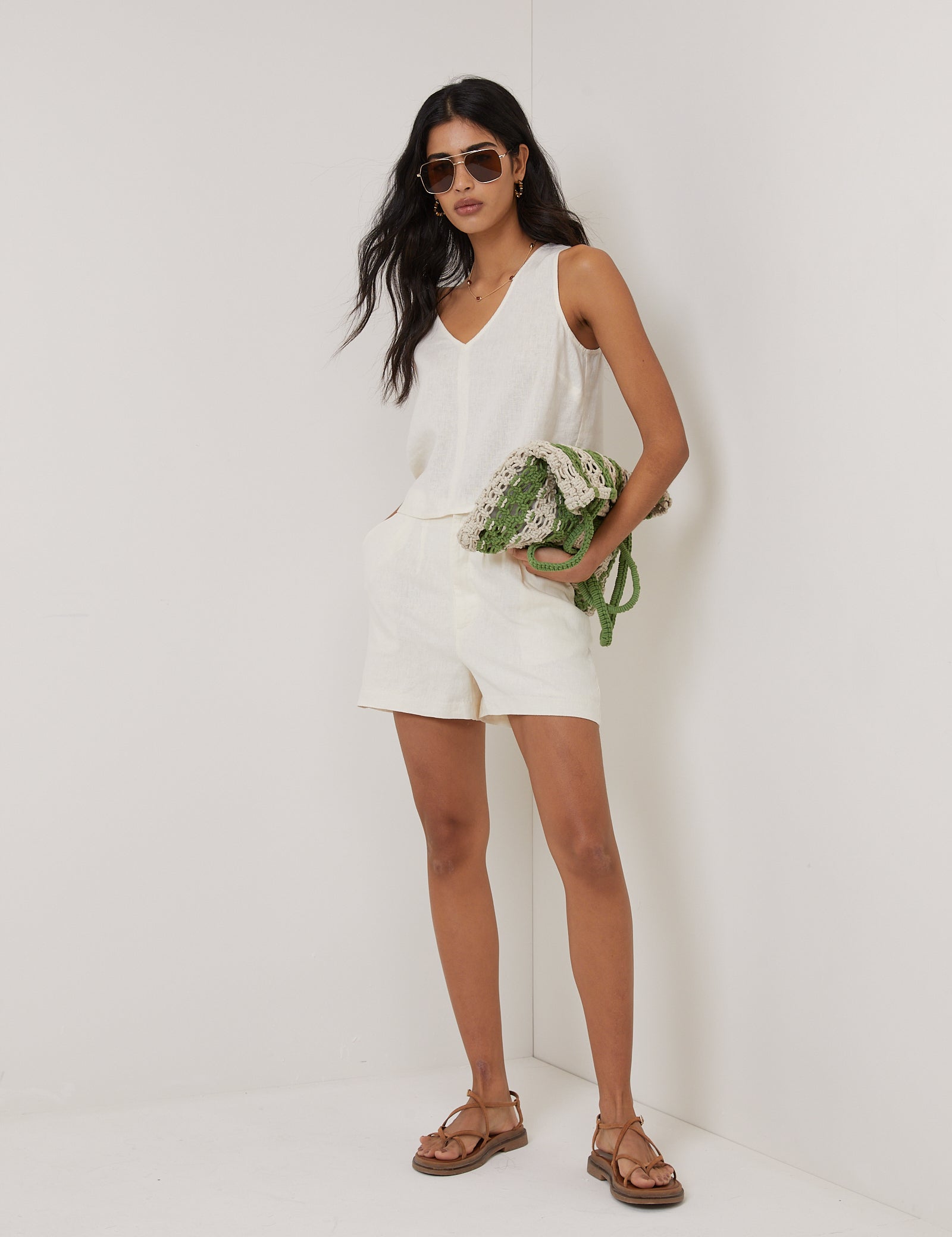 Cream Linen-Blend Shorts