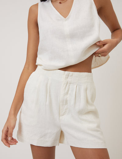 Cream Linen-Blend Shorts