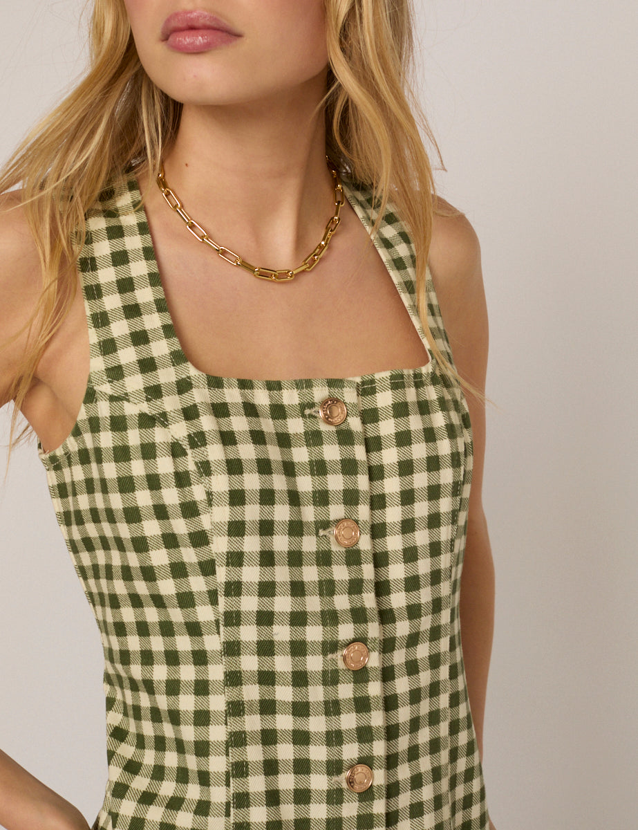 Green Gingham Harvey Fitted Mini Dress Green Gingham Harvey Fitted Mini Dress