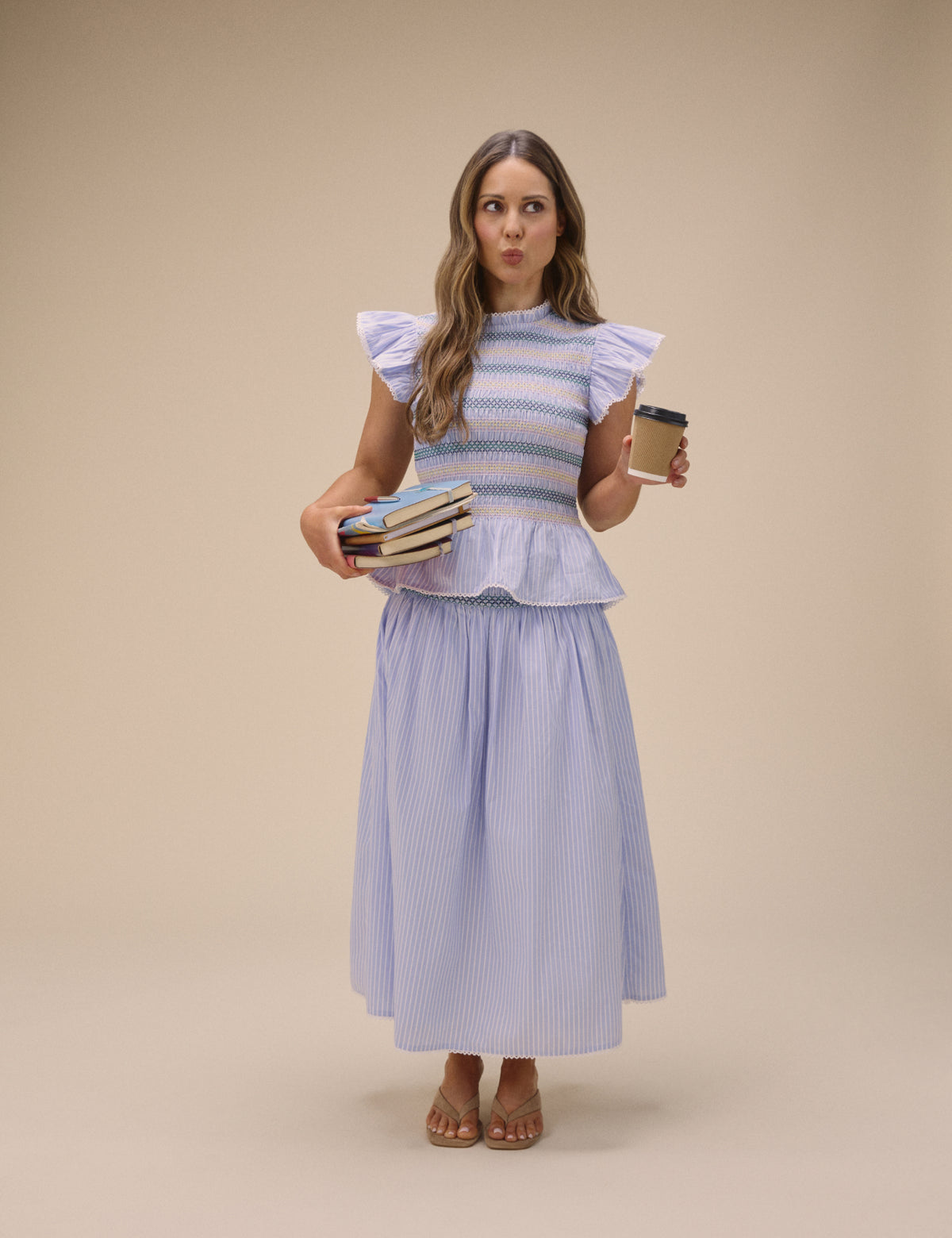 Blue Striped Shirred Waist Midi Skirt