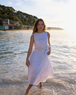 White Cutwork Scallop Hem Sintra Midi Skirt