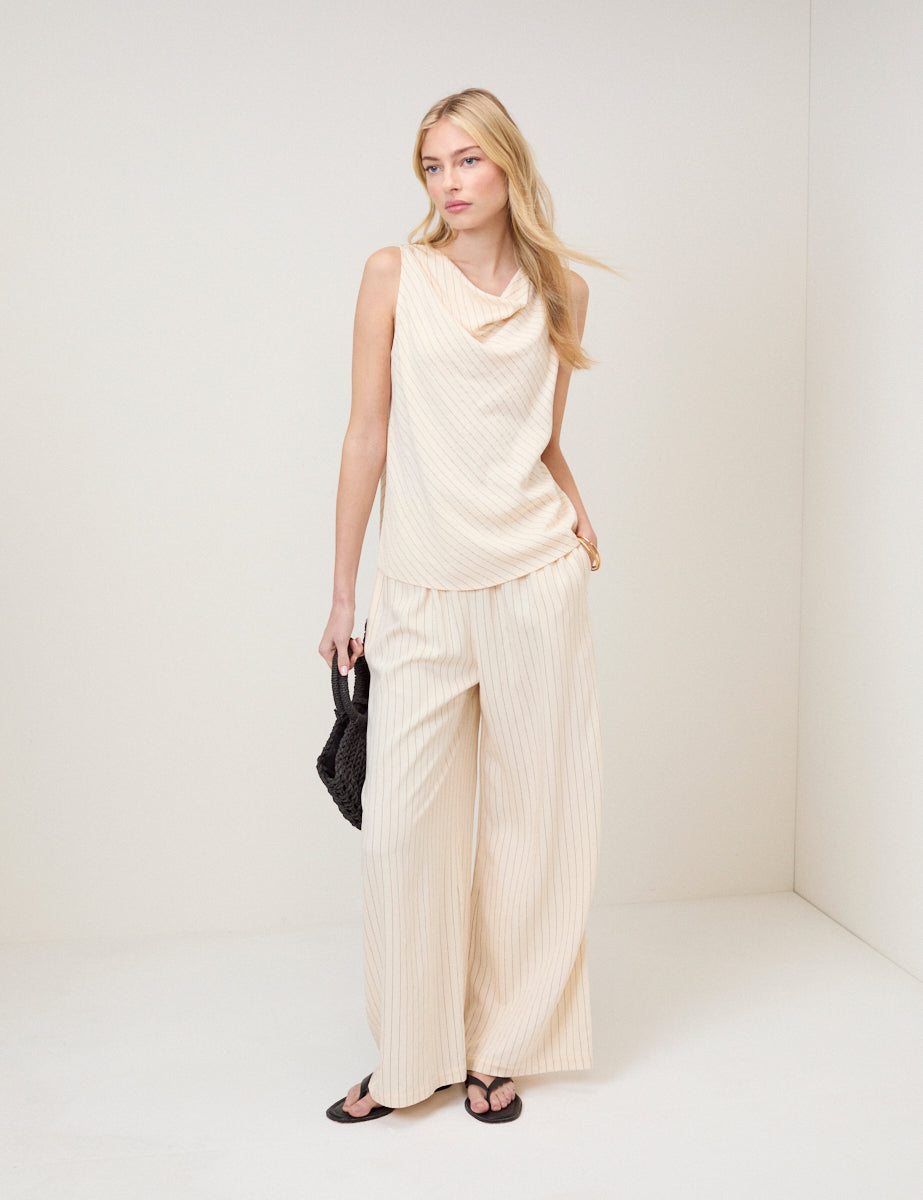 Cream Pinstripe Draped Sleeveless Top