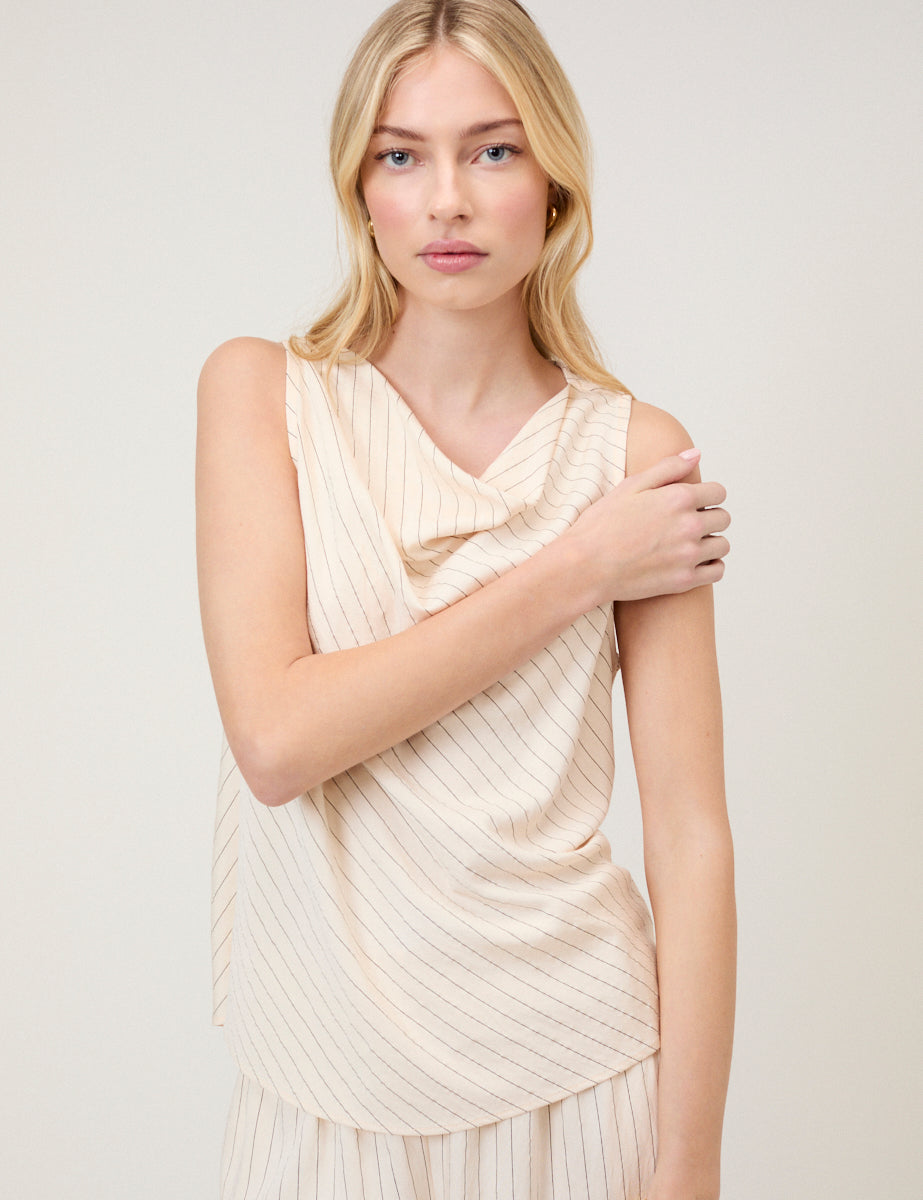 Cream Pinstripe Draped Sleeveless Top