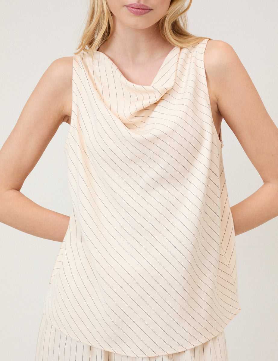 Cream Pinstripe Draped Sleeveless Top
